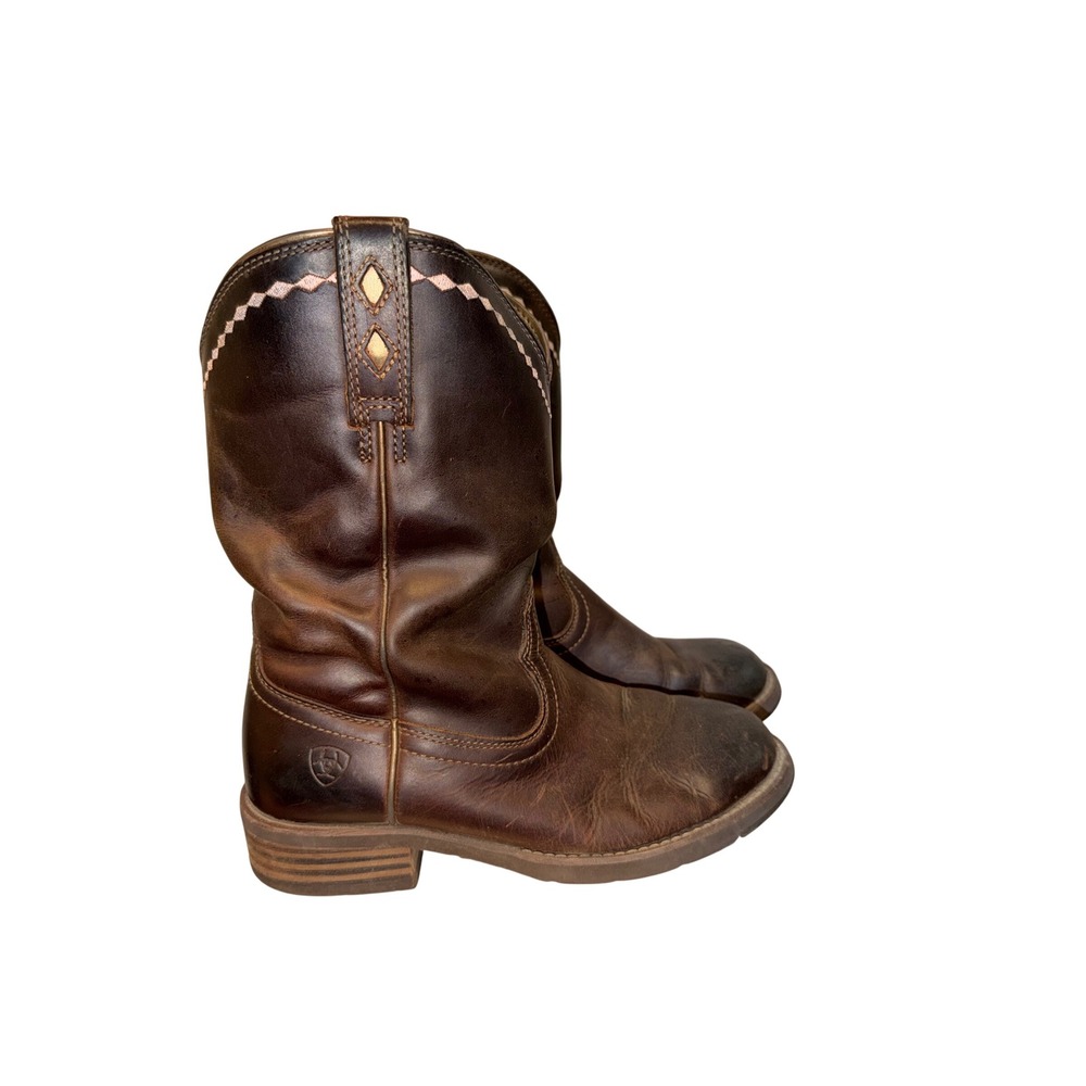 Ariat Brown Leather Western Cowgirl Boots Pink Stitching Comfort Size US 7.5B